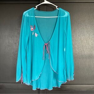 SHIRLEY OF HOLLYWOOD Teal Sheer Tie-Front cover up with Embroidery size L